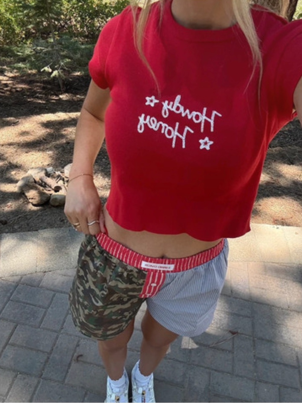 Red Cropped Tee with White Script & cute boxer shorts !